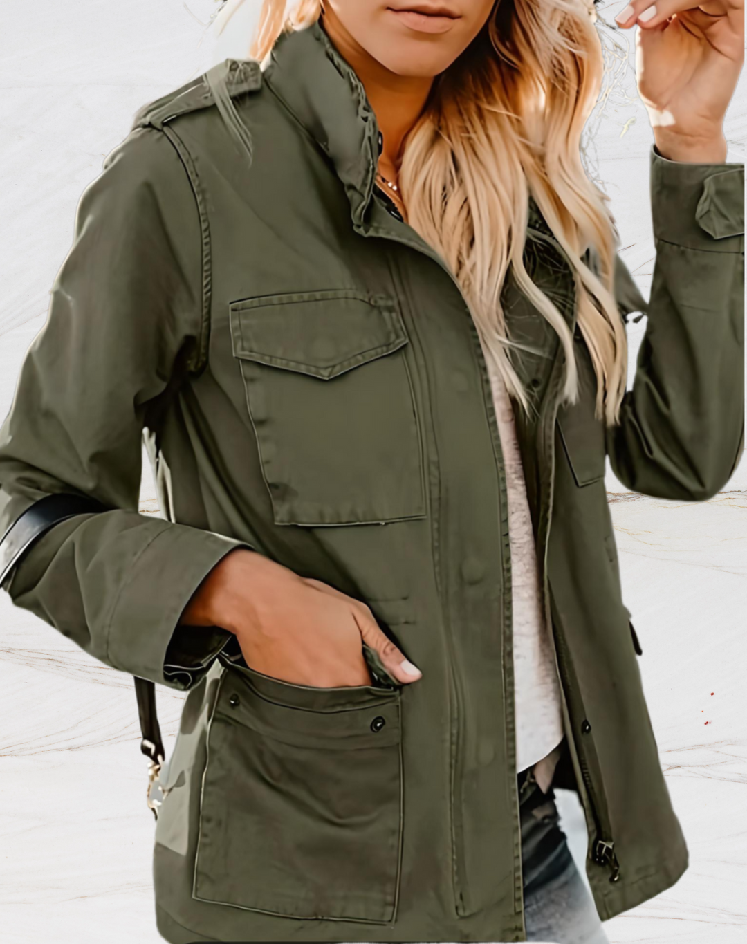Jaqueta utilitária feminina moderna, vista frontal, perfeita para primavera/outono e estilo elegante.