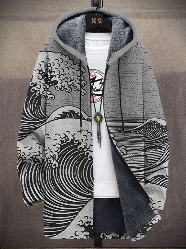 Cardigan feminino versátil para outono/inverno, com estampa moderna e artística, garantindo conforto e aquecimento.