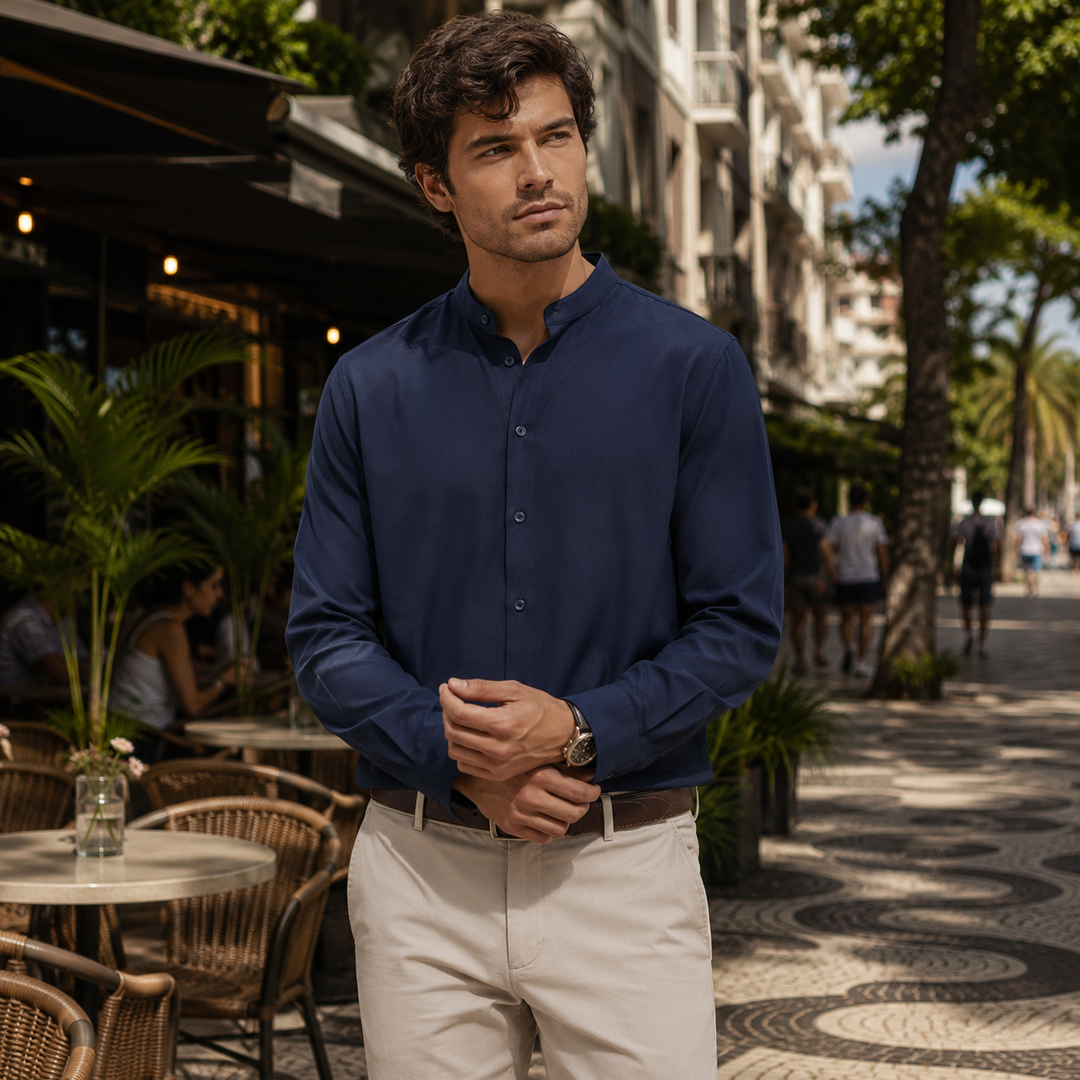 Camisa de linho casual masculina para verão, manga longa, botões e tecido respirável.
