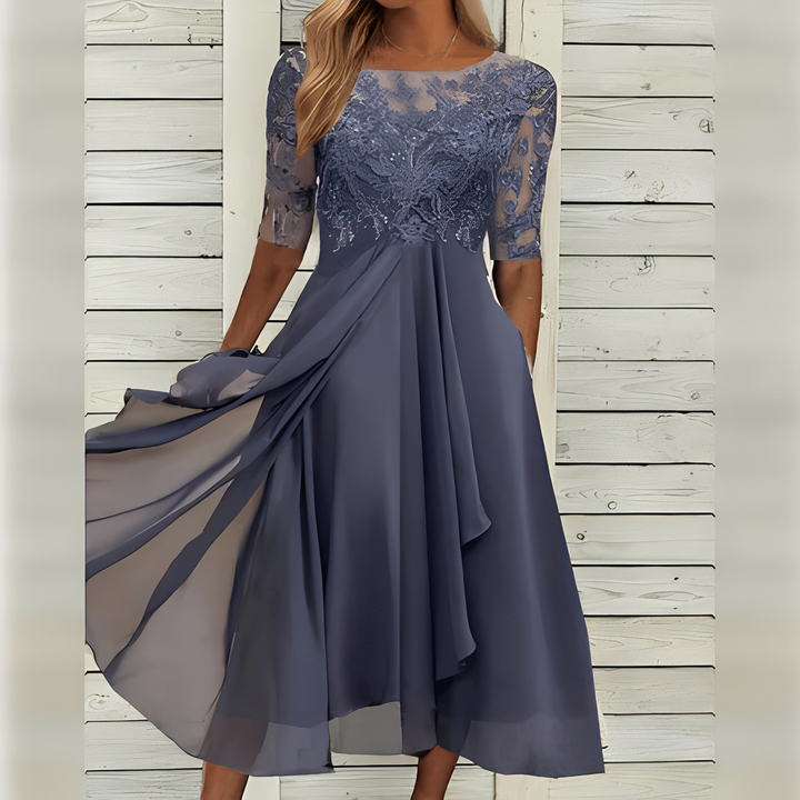 Vestido de festa feminino, elegante e versátil, comprimento midi. Indispensável na moda feminina de verão.