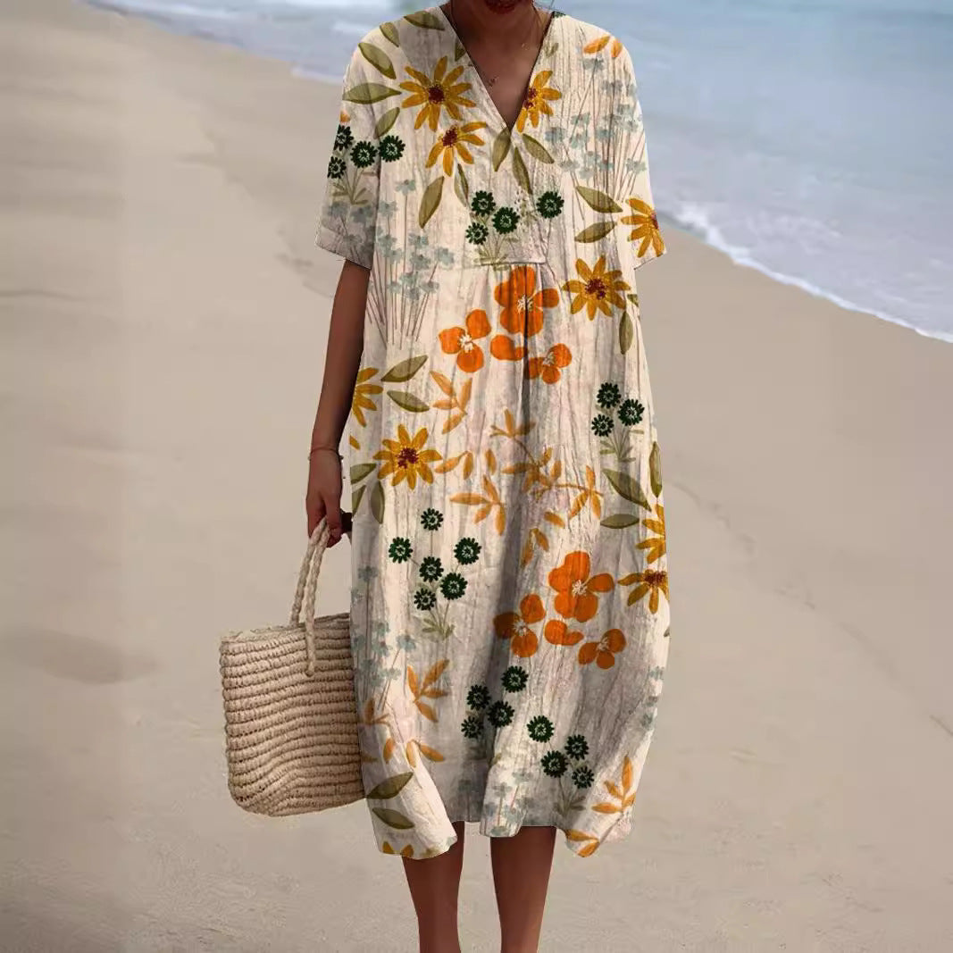 Vestido elegante feminino com estampa floral colorida, ideal para moda verão e conforto.