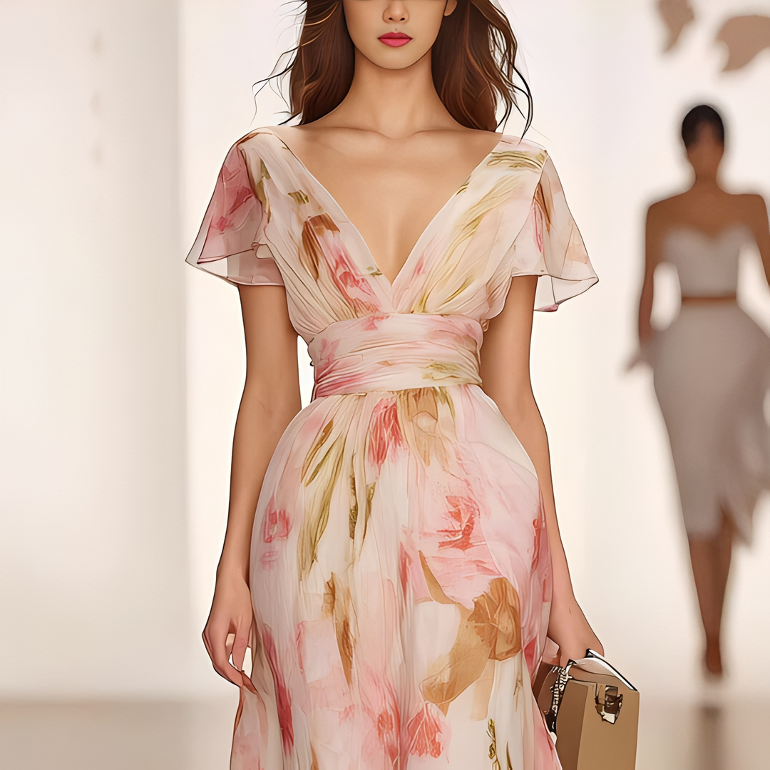 Vestido longo floral rosa confortável para mulher, estilo elegante casual de verão, ideal para moda feminina.