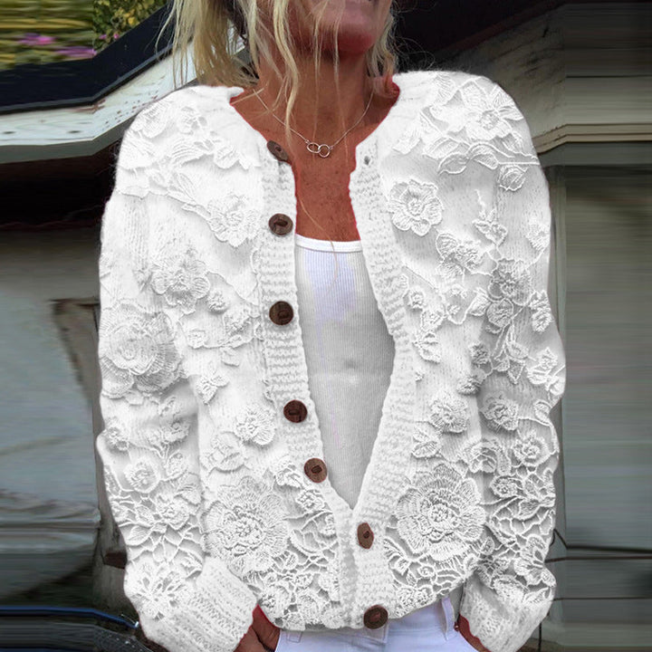 Cardigan feminino floral casual elegante, roupa versátil e confortável, um clássico da moda para o outono.