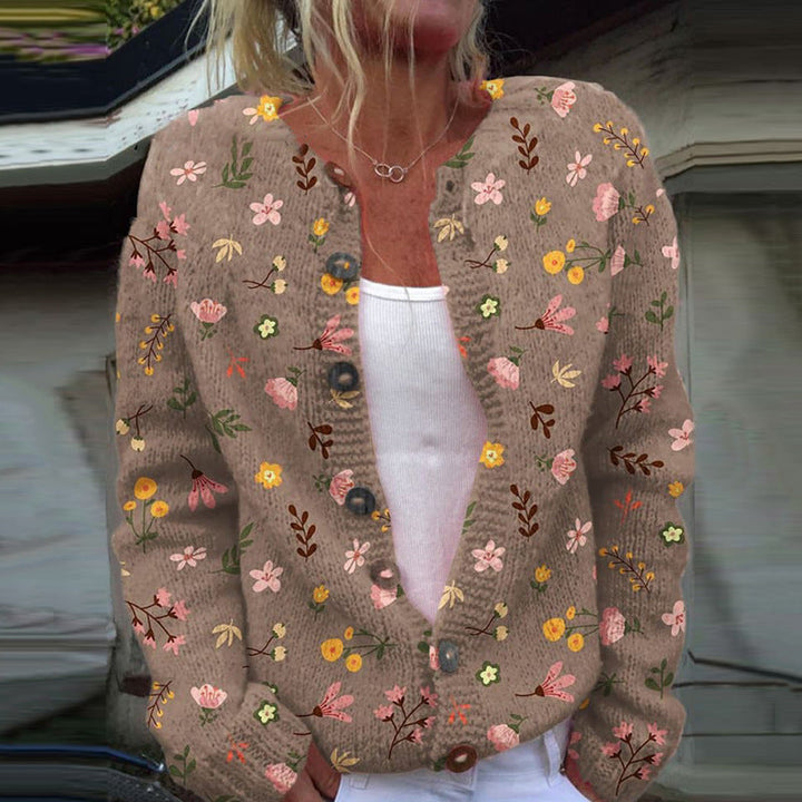 Cardigan feminino floral, tendência de moda elegante para mulheres, confortável para o outono e inverno.