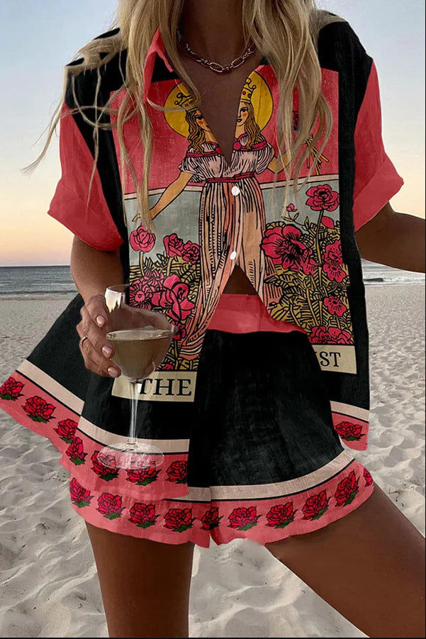 Conjunto feminino de verão respirável com shorts e top, perfeito para conforto e dias quentes.