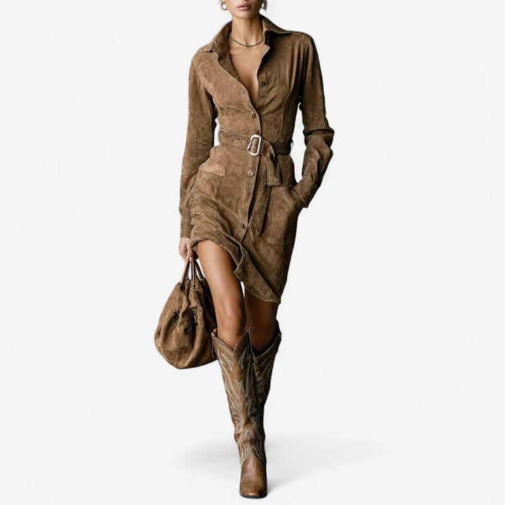 Vestido feminino midi elegante cor camelo com cinto, ideal para outono/inverno, look sofisticado dia-a-noite.