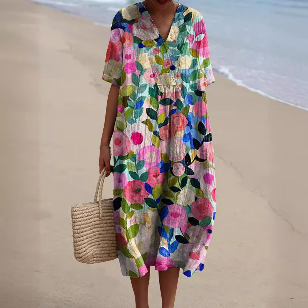 Roupa feminina: Vestido de verão elegante com estampa floral, ideal para a tendência de moda casual.