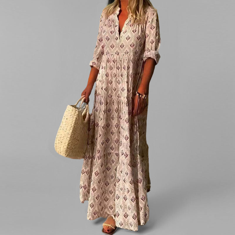 Vestido maxi feminino vintage com decote V e mangas 3/4, estampado floral, ideal para um verão casual e elegante.