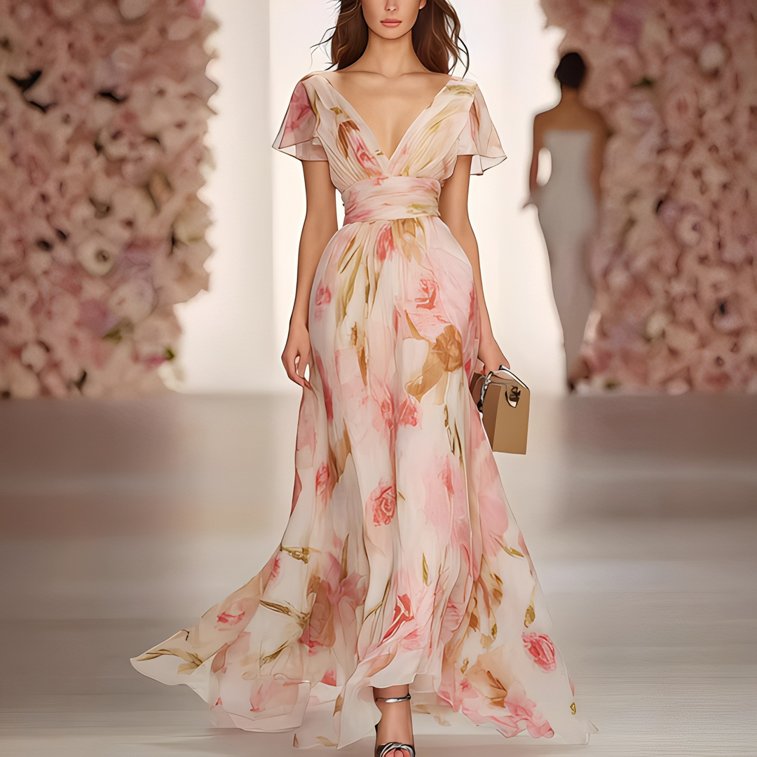 Vestido feminino longo floral rosa elegante com decote V, perfeito para festas de verão e férias.