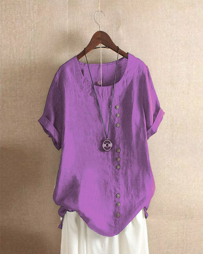 Moda verão feminina: Blusa de manga curta, gola redonda, super versátil. Disponível em várias cores.