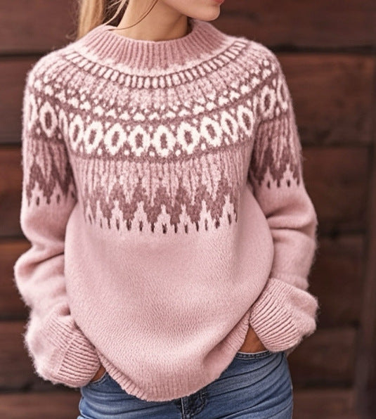 Suéter feminino rosa estampado jacquard com gola redonda, oferecendo conforto e estilo único para a moda inverno casual.