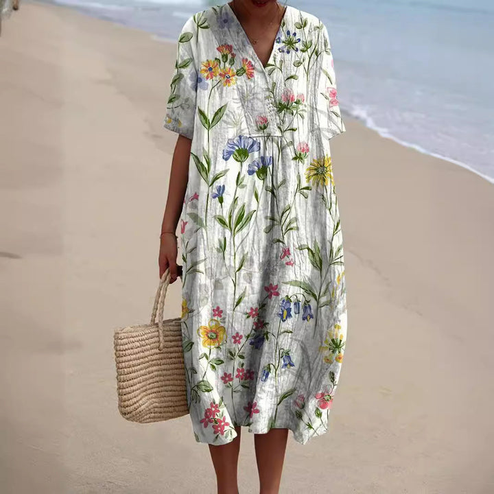 Vestido feminino estampado floral, vibrante e confortável, para um look de verão elegante.
