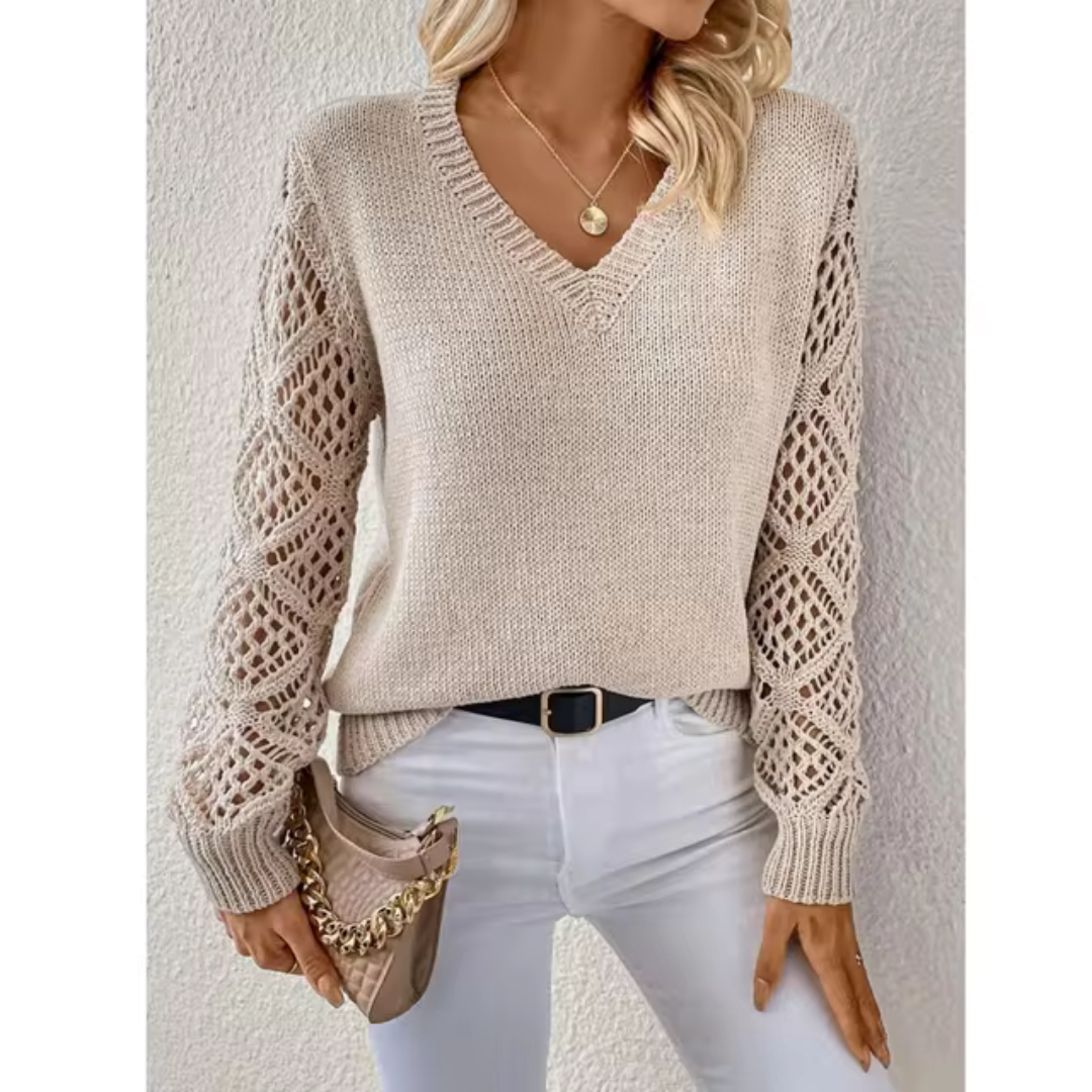 Moda feminina de inverno: suéter casual elegante com decote V em malha, para looks versáteis e aconchegantes.