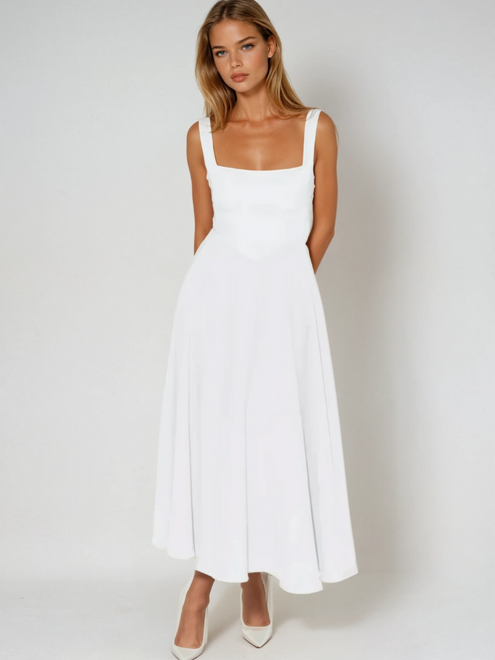 Vestido feminino confortável, elegante, decote ombro a ombro.