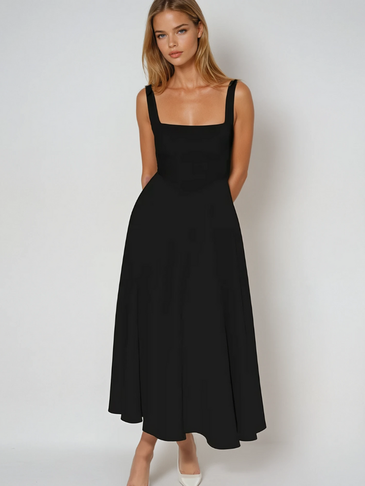 Vestido elegante para ocasiões especiais, decote ombro a ombro.
