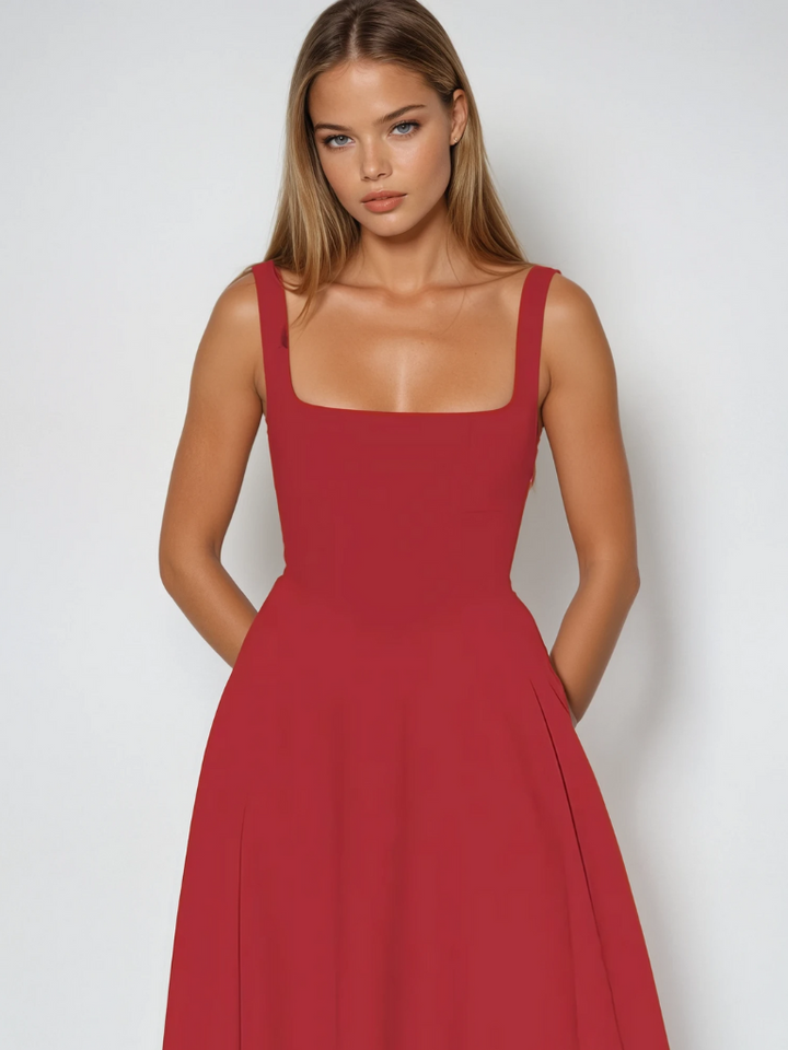 Vestido de festa feminino, decote ombro a ombro, elegante e chic.