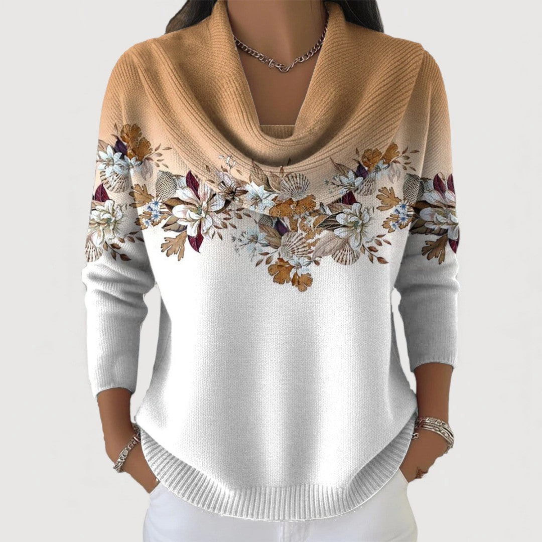Camisola feminina floral com gola suave, ideal para outono/inverno. Conforto e elegância garantidos.