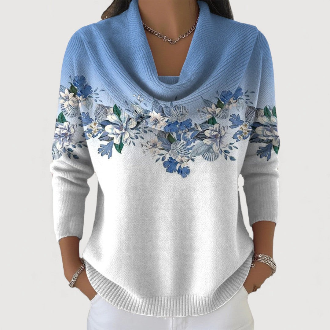 Chic camisola feminina floral estampada com gola suave. Perfeita para um look casual e elegante no outono.