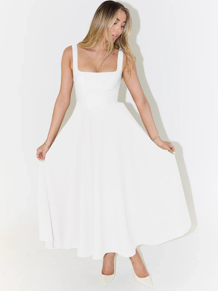 Vestido casual chic feminino, decote ombro a ombro, para o verão.
