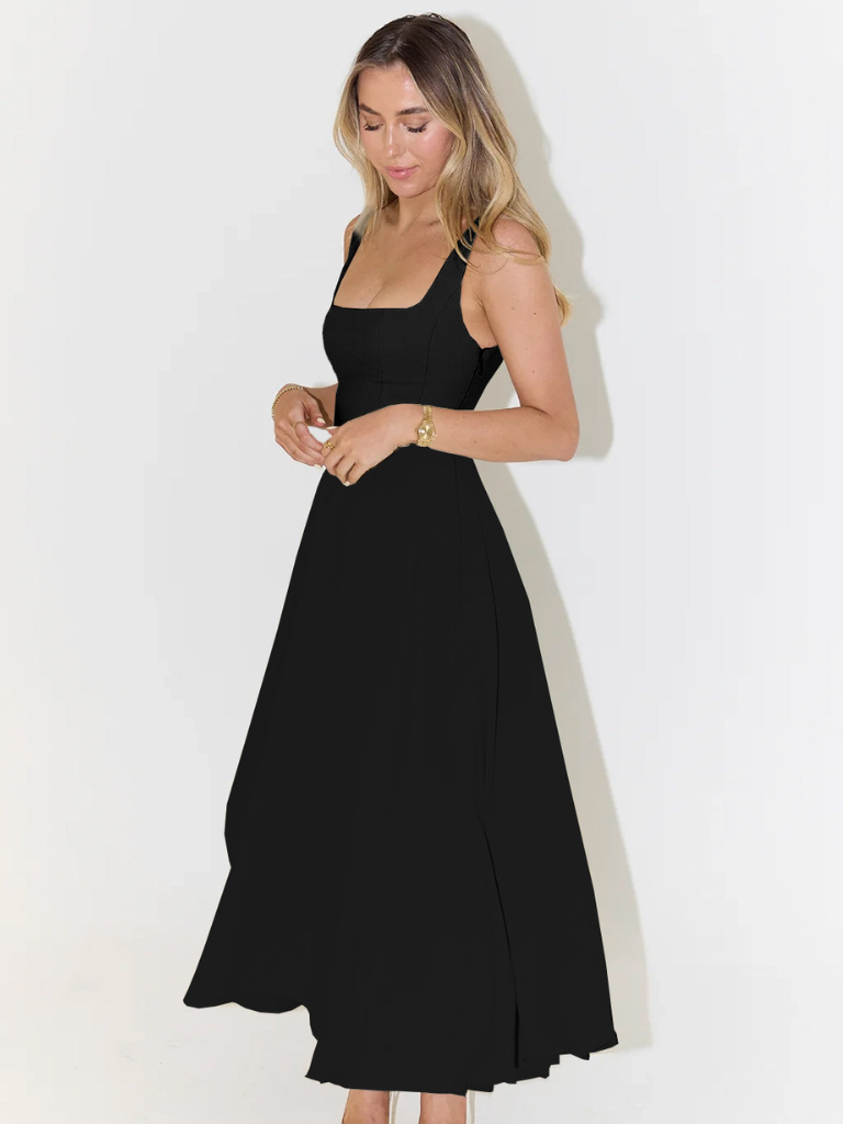 Vestido elegante feminino para verão, decote ombro a ombro.