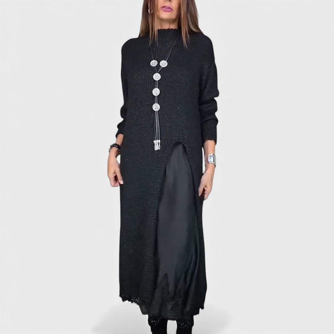 Conjunto feminino elegante duas peças: pulôver e vestido midi em malha, ideal para um look completo casual chic.