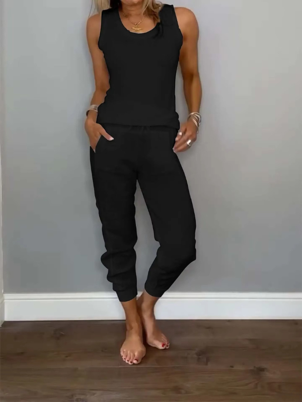 Conjunto feminino Ivy vermelho e cáqui, roupa leve e confortável, perfeito para um verão elegante.