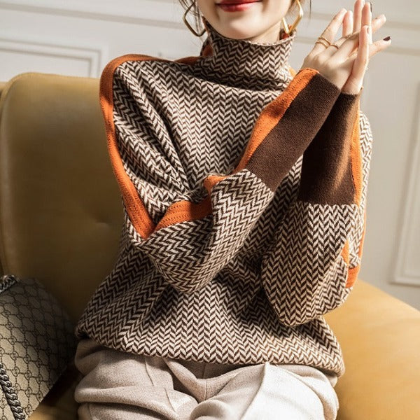 Pulôver feminino quente de inverno, gola alta e listrado, para conforto e estilo na estação fria.