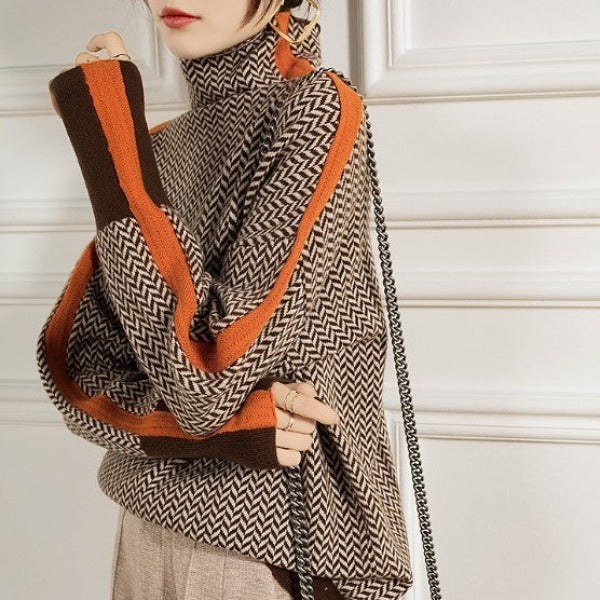Suéter feminino elegante de gola alta com listras, perfeito para moda de inverno casual e aquecida.