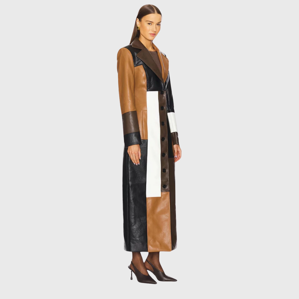 Casaco de retalhos feminino moderno e versátil. Perfeito para moda outono/inverno, cria um look sofisticado.