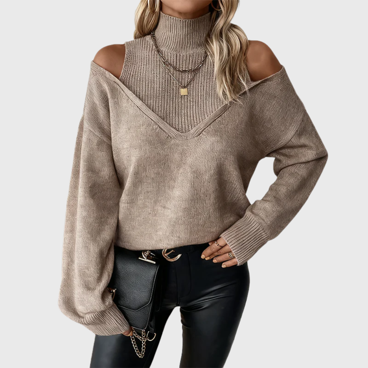 Suéter feminino elegante de gola alta com design moderno de ombro aberto, ideal para moda inverno.
