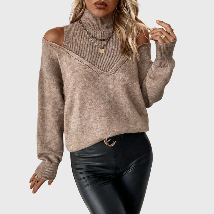 Suéter de tricô feminino com gola alta e recorte no ombro, estilo sofisticado para dias frios.