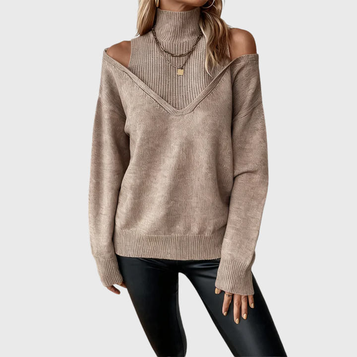 Suéter feminino elegante para o inverno, com gola alta e detalhe de ombro aberto, muito confortável.