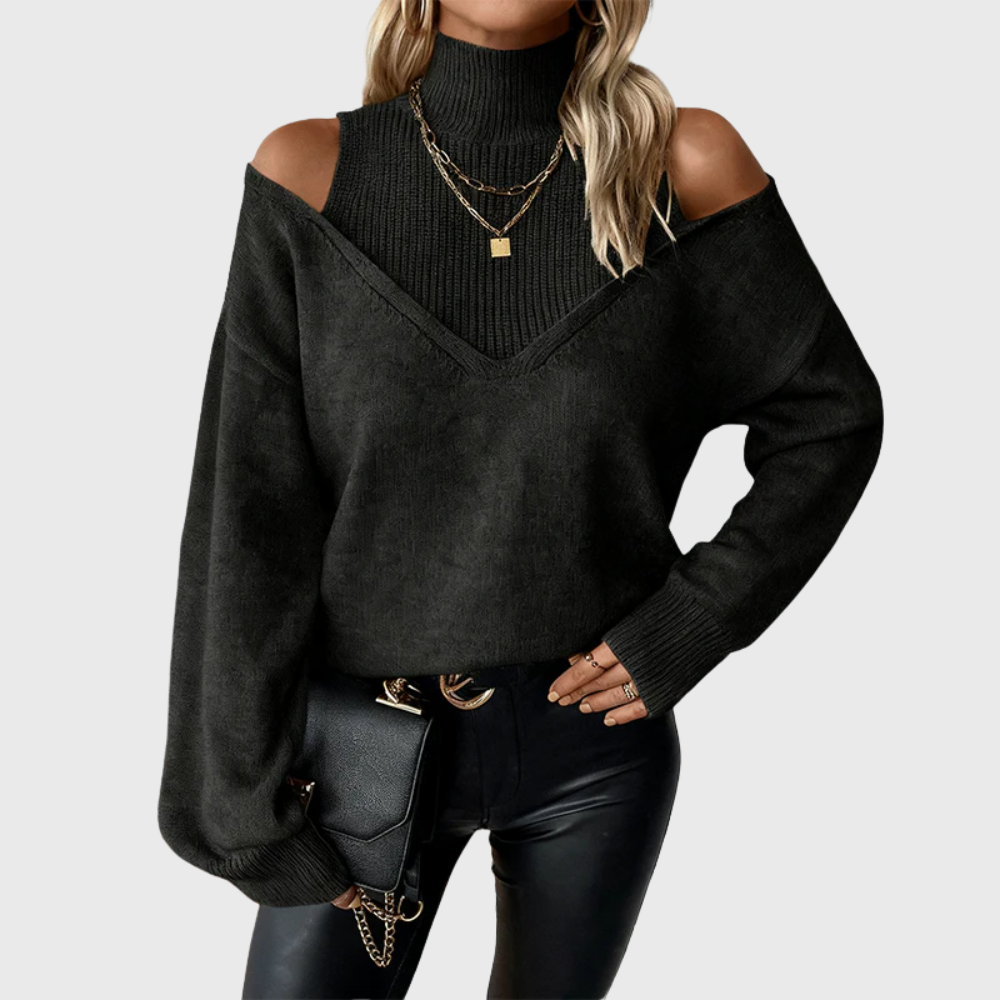 Suéter feminino estiloso com gola alta e ombro aberto, perfeito para um visual moderno e elegante.