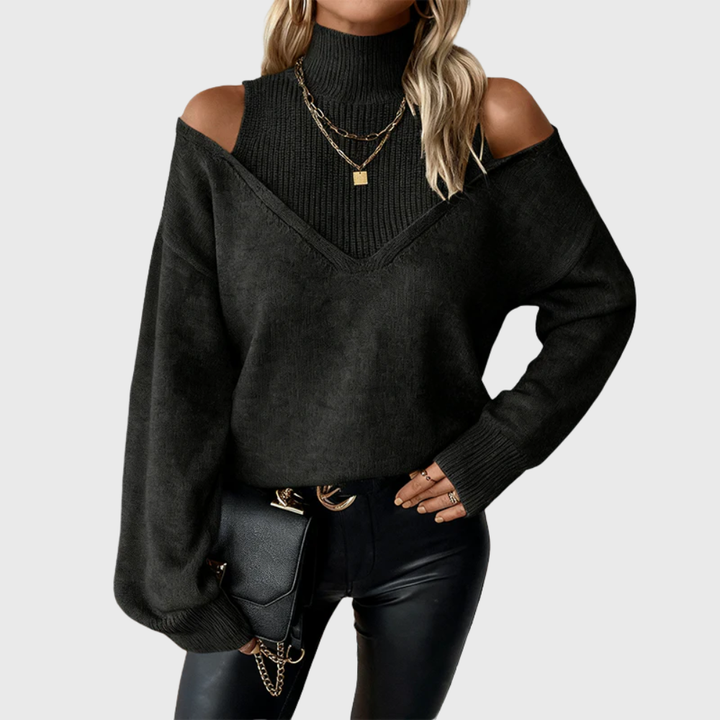 Suéter feminino estiloso com gola alta e ombro aberto, perfeito para um visual moderno e elegante.