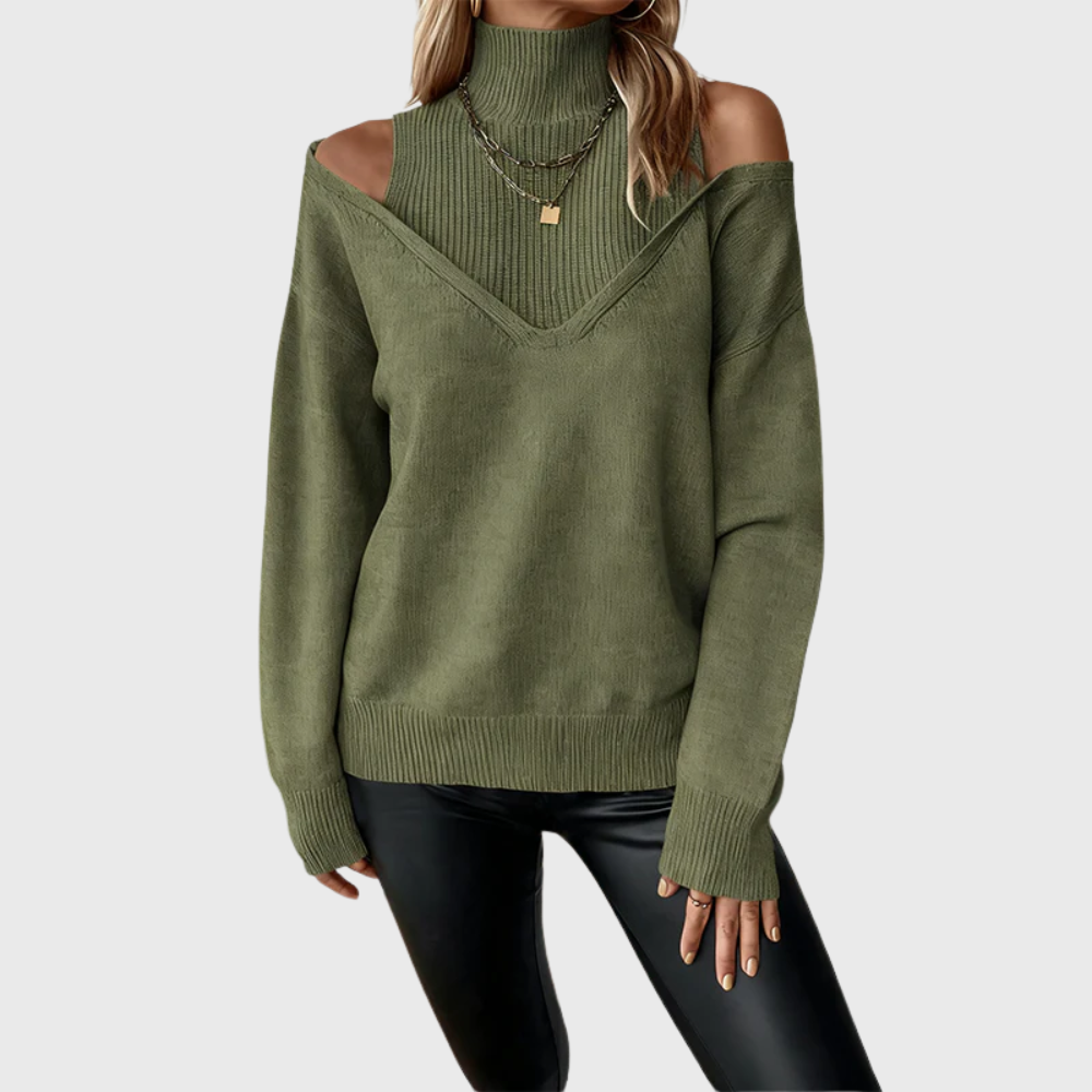 Suéter feminino versátil, com gola alta elegante e ombro aberto, ideal para looks de inverno casuais.