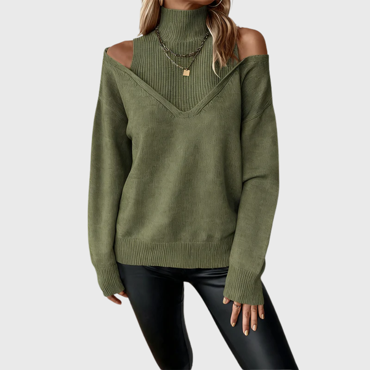 Suéter feminino versátil, com gola alta elegante e ombro aberto, ideal para looks de inverno casuais.