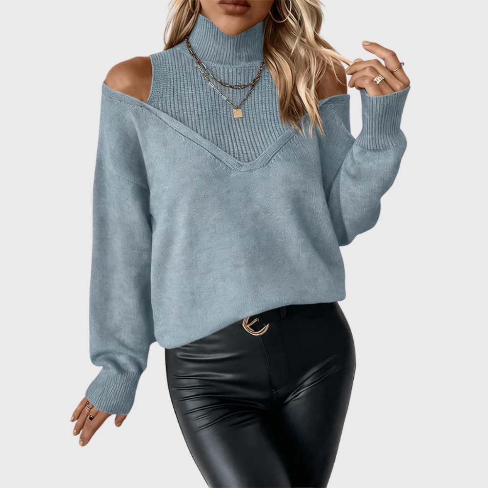 Suéter feminino macio, gola alta e ombro aberto, design elegante e aconchegante para o inverno.