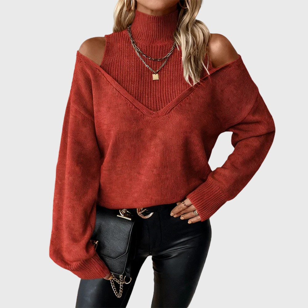 Suéter feminino de inverno elegante com gola alta e ombro aberto, essencial para um estilo único.