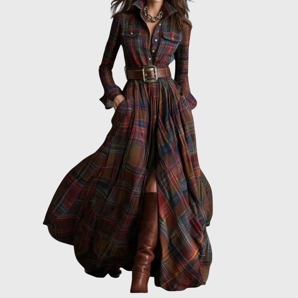 Vestido maxi feminino xadrez elegante com cintura ajustável, ideal para um look chic de outono.