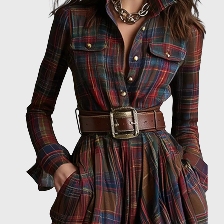 Vestido maxi xadrez feminino elegante para outono/inverno, com estilo casual chic e cintura ajustável.