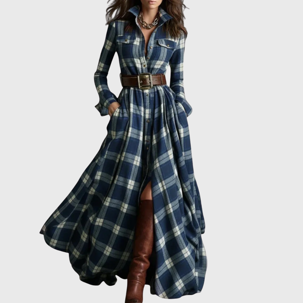 Detalhe do vestido maxi xadrez feminino: cintura ajustável que garante um caimento elegante e perfeito.