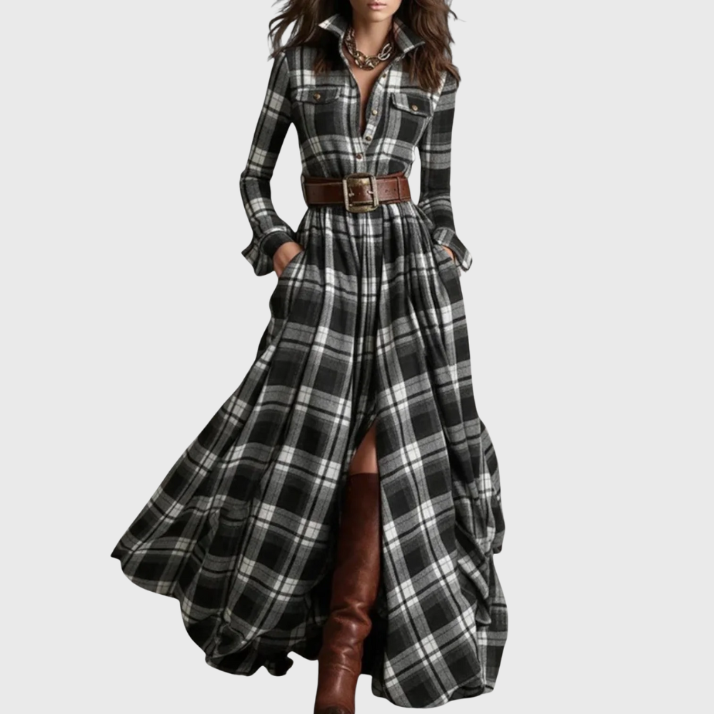 Vestido maxi xadrez fashion feminino para outono/inverno, com design elegante e conforto ajustável.