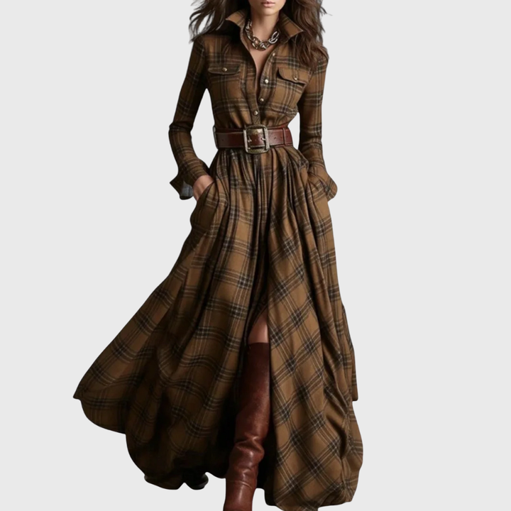 Look versátil: vestido maxi xadrez feminino elegante, perfeito para diversas ocasiões, com cintura ajustável.
