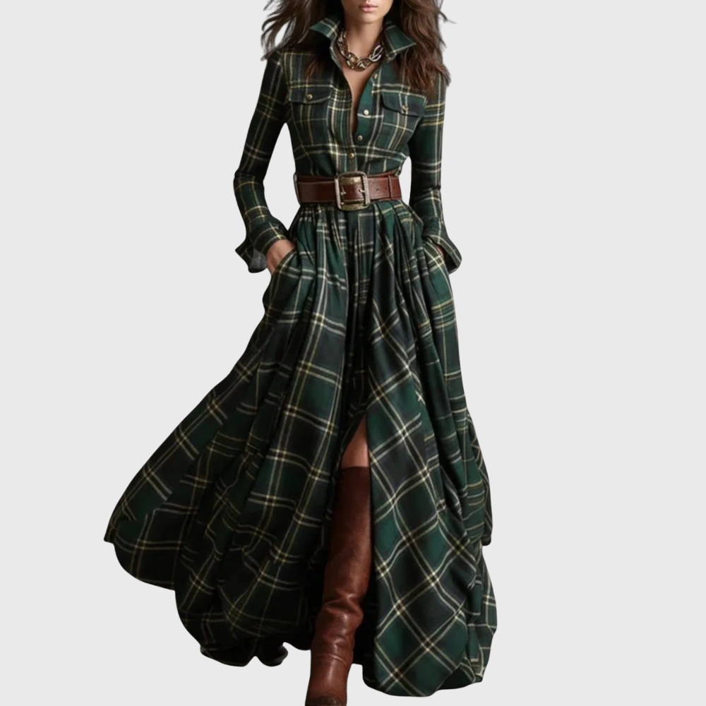 Vestido maxi xadrez feminino, elegante e moderno, com cintura ajustável, essencial para a moda de inverno.