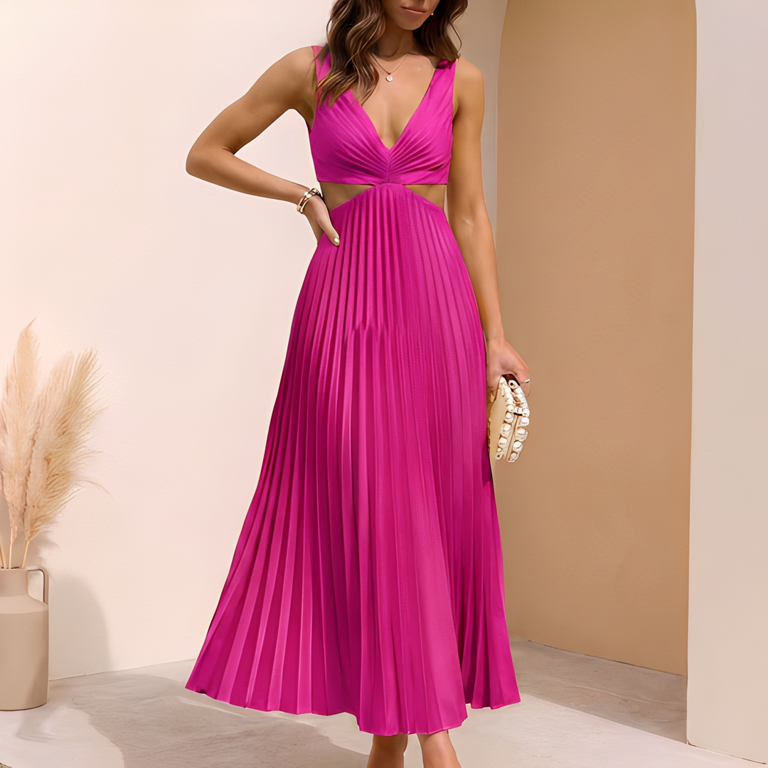 Vestido midi feminino fluido com detalhes plissados, ideal para dias de verão. Confortável e elegante.