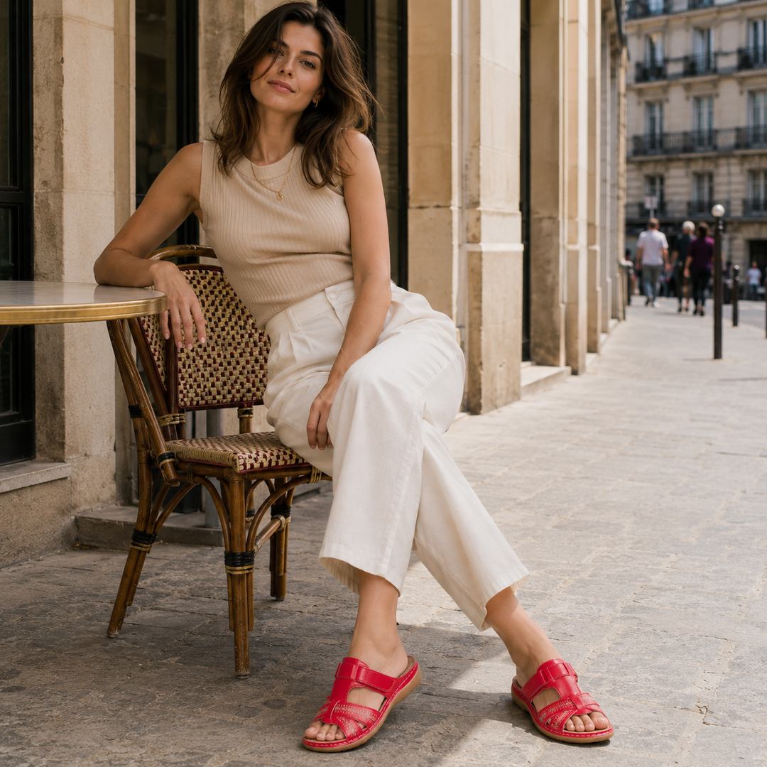 Sandálias femininas de couro com tira ajustável e dedo aberto, para conforto e estilo casual.