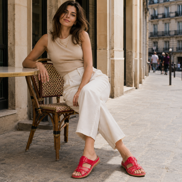 Sandálias femininas de couro com tira ajustável e dedo aberto, para conforto e estilo casual.