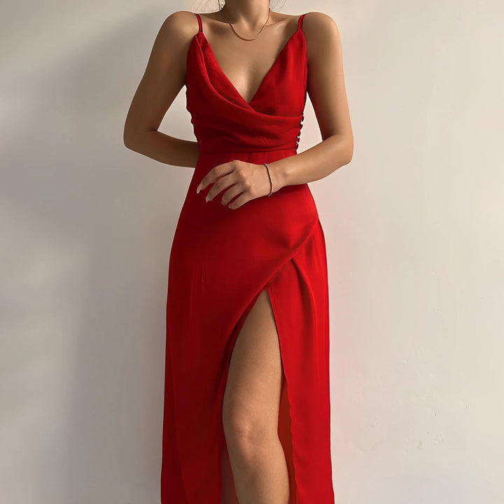 Vestido de festa feminino midi assimétrico. Estilo moderno e elegante, perfeito para eventos de verão e ocasiões especiais.