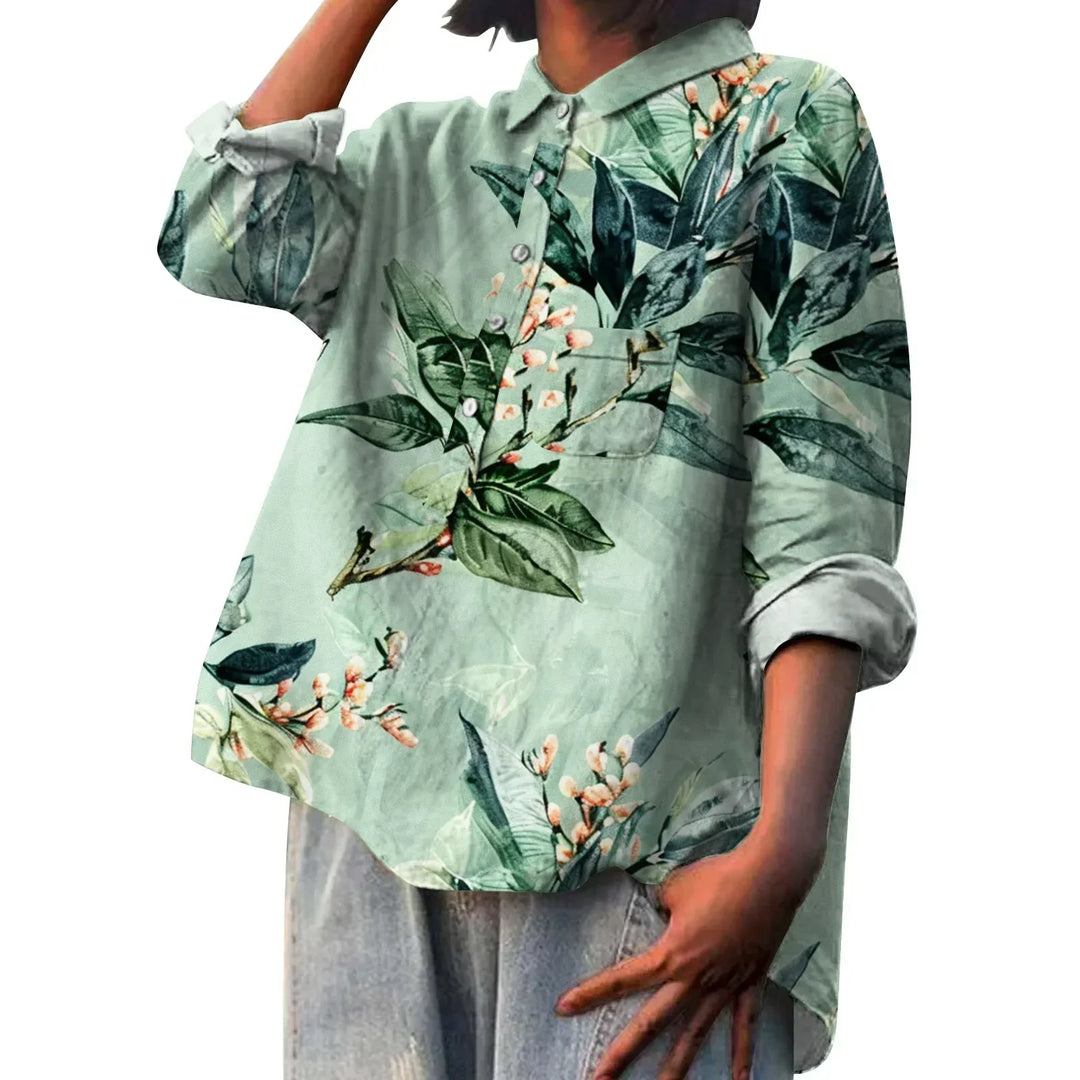 Camisa feminina floral elegante e versátil, ideal para o dia a dia na primavera e verão.