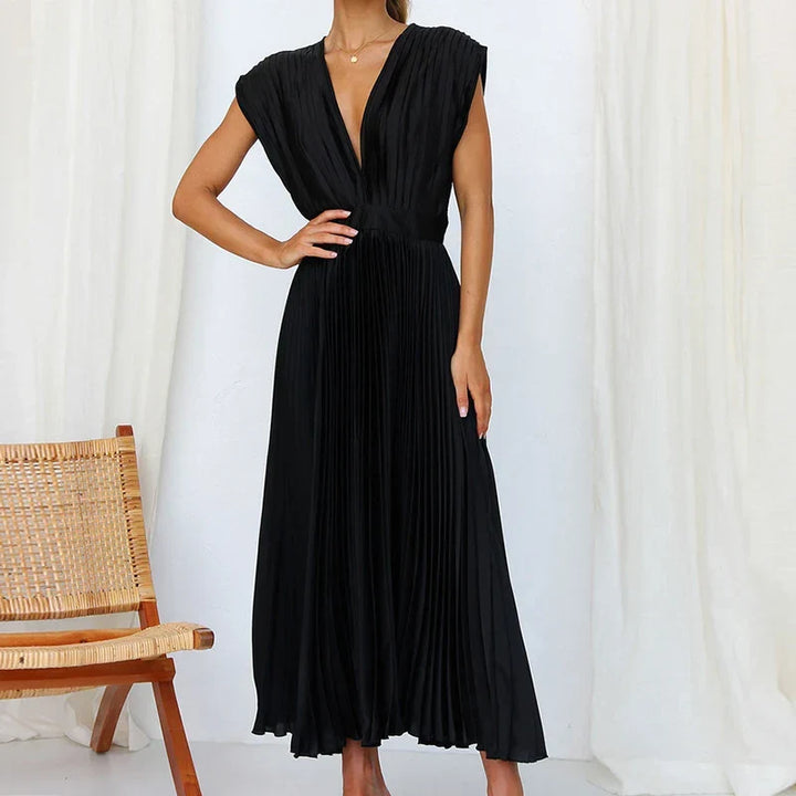 Vestido feminino midi sem mangas, elegante, ideal para moda versátil e ocasiões especiais de verão.
